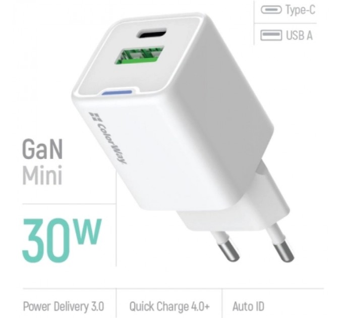 ColorWay Зарядний пристрій ColorWay GaN Mini 30W PD Port PPS USB (Type-C PD + USB QC4.0) white (CW-CHS053PD-WT)
