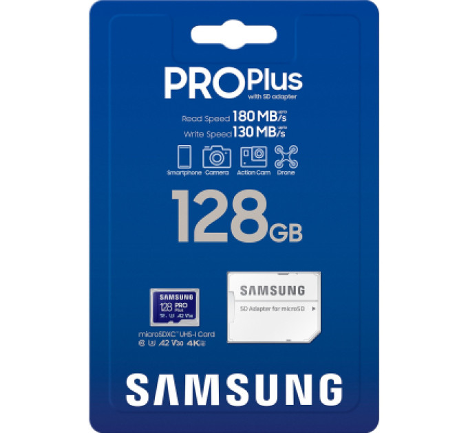 Samsung Карта пам'яті Samsung 128 GB microSDXC Pro Plus UHS-I U3 V30 A2 Class 10 + SD-adapter (MB-MD128SA/EU)