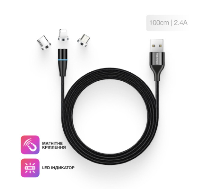 ColorWay Дата кабель USB 2.0 AM to Lightning + Micro 5P + Type-C 1.0m Magnetic ColorWay (CW-CBUU038-BK)