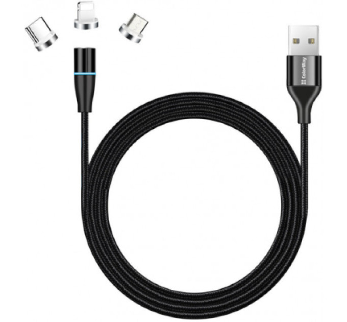 ColorWay Дата кабель USB 2.0 AM to Lightning + Micro 5P + Type-C 1.0m Magnetic ColorWay (CW-CBUU038-BK)
