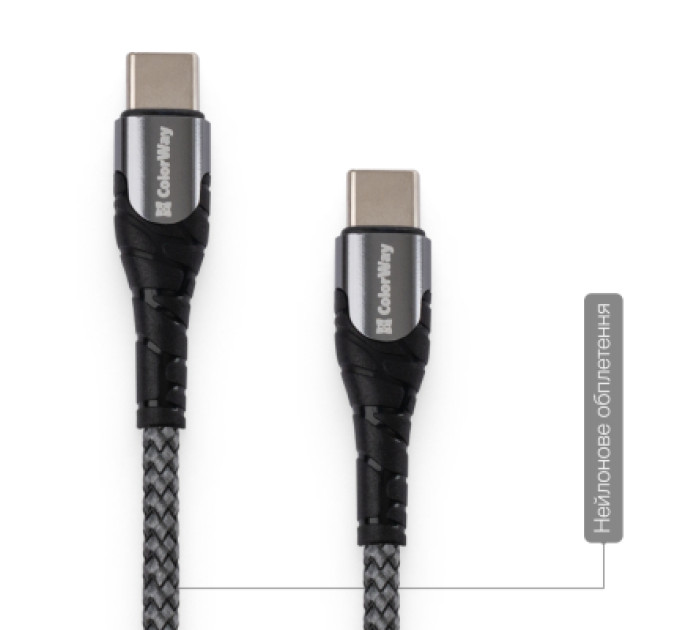 ColorWay Дата кабель USB-C to USB-C 2.0m PD Fast Charging 65W 3A grey ColorWay (CW-CBPDCC039-GR)