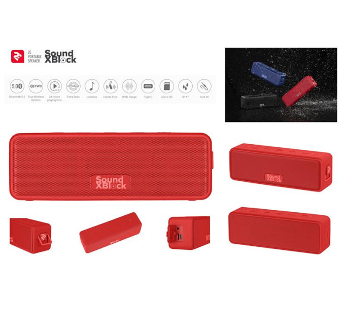 2E Акустична система 2E SoundXBlock TWS MP3 Wireless Waterproof Red (2E-BSSXBWRD)