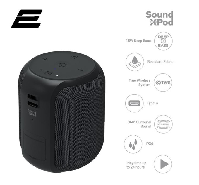 2E Акустична система 2E SoundXPod TWS MP3 Wireless Waterproof Black (2E-BSSXPWBK)
