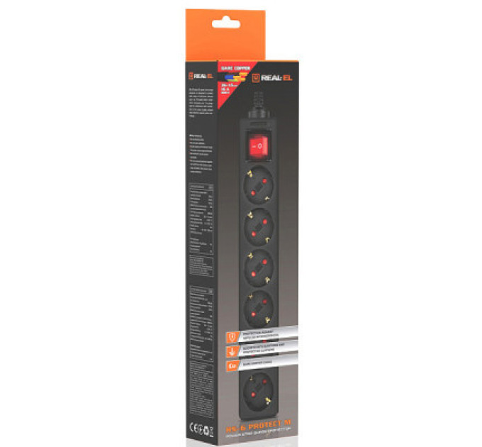 REAL-EL Мережевий фільтр живлення REAL-EL RS-6 Protect M 3m, black (EL122300034)