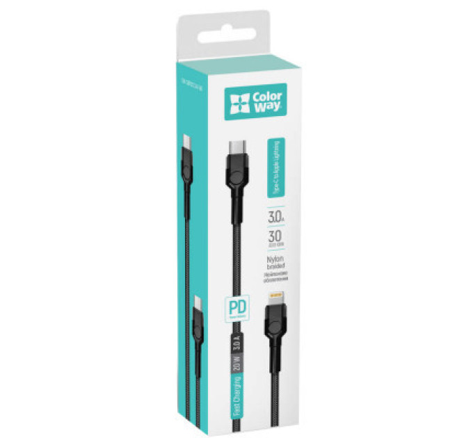ColorWay Дата кабель USB-C to Lightning 0.3m 3А black ColorWay (CW-CBPDCL054-BK)