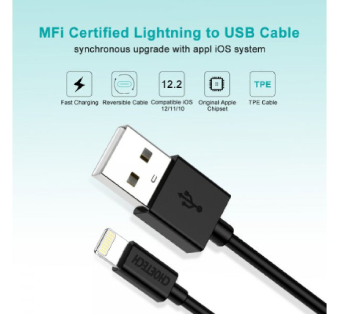 Choetech Дата кабель USB 2.0 AM to Lightning 1.8m 2.1A MFI Black Choetech (IP0027-BK)