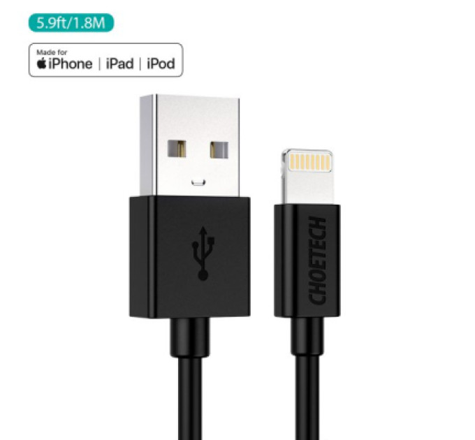 Choetech Дата кабель USB 2.0 AM to Lightning 1.8m 2.1A MFI Black Choetech (IP0027-BK)