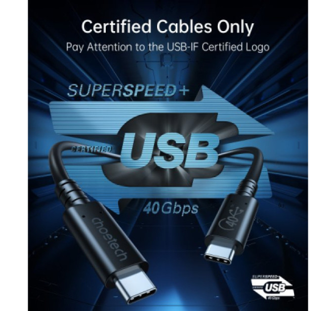 Choetech Дата кабель USB-C to USB-C 0.8m USB4 40Gbps PD 100W 8K60Hz Choetech (XCC-1028-BK)