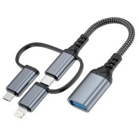 Дата кабель OTG USB 3.0 AF to USB-C + Micro 5P + Lightning 0.11m 60W XoKo (XK-AC-155)