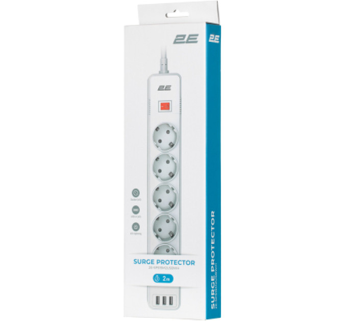2E Мережевий фільтр живлення 2E 5XSchuko, 3G*1.5мм, 3*USB-A, 2м, white (2E-SP515M2USBWH)