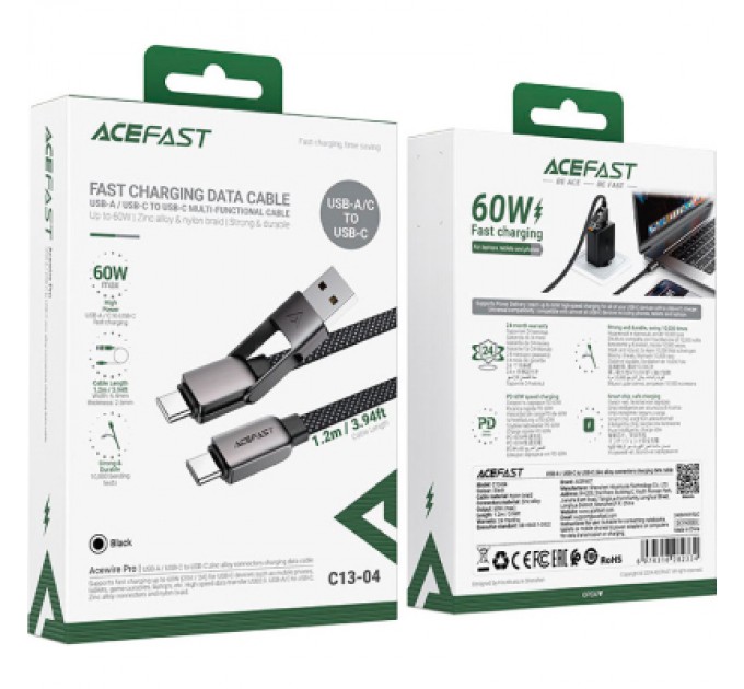 Acefast Дата кабель USB-C to USB-C/A 1.2m 3.0A zink alloy C13-04 Black Acefast (6974316282334)