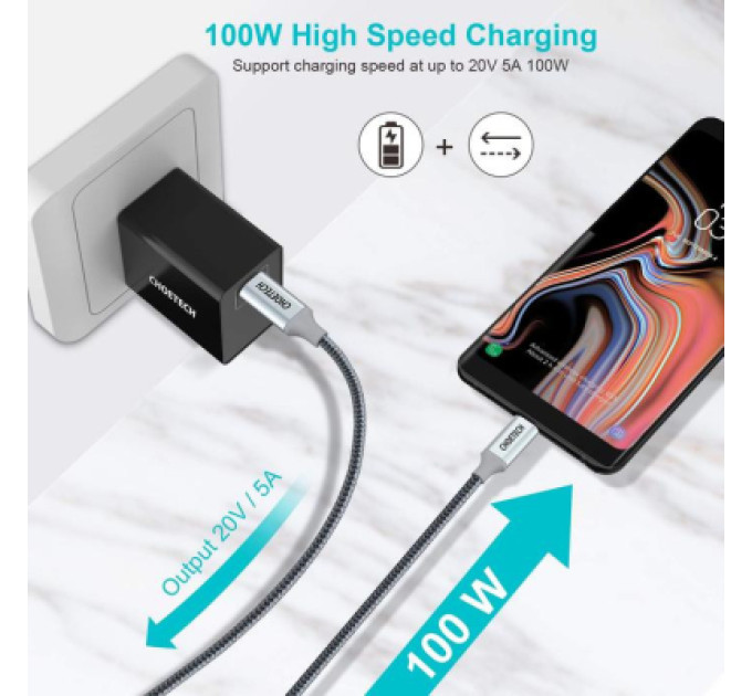 Choetech Дата кабель USB-C to USB-C 1.8m USB 2.0 100W Choetech (XCC-1002-GY)