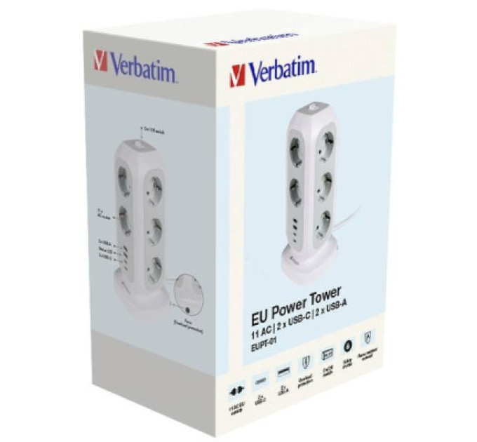 Verbatim Мережевий фільтр живлення Verbatim 11 розеток, 2 x USB-C та 2 x USB-A (49547)