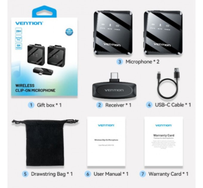 Vention Мікрофон Vention USB-C 2-Pack Wireless Lavalier Black (NCBB0)