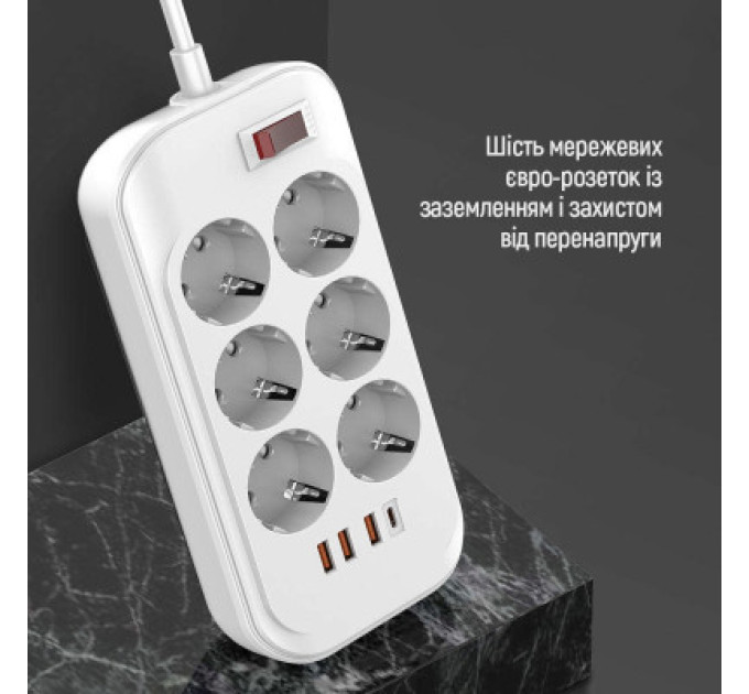 ColorWay Мережевий фільтр живлення ColorWay CW-CHE64PDW, 6 розеток/4USB 2M (CW-CHE64PDW)