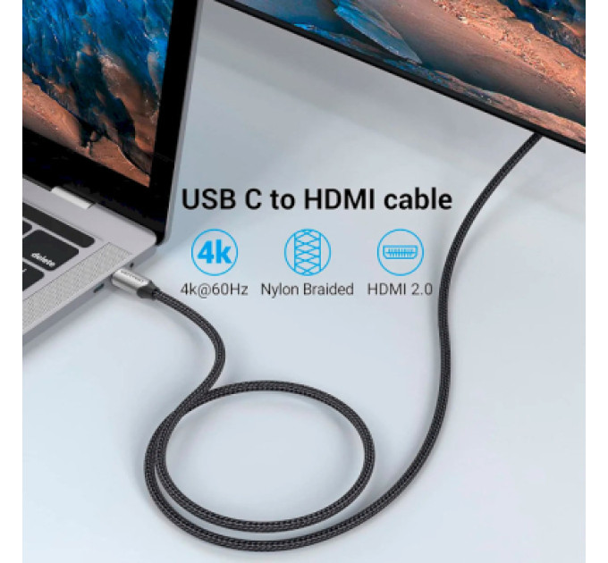 Vention Кабель мультимедійний USB-C 3.1 to HDMI 1.5m 4K 60 Гц Thunderbolt 3 HDCP2.2 PVC Black Vention (CRBBG)