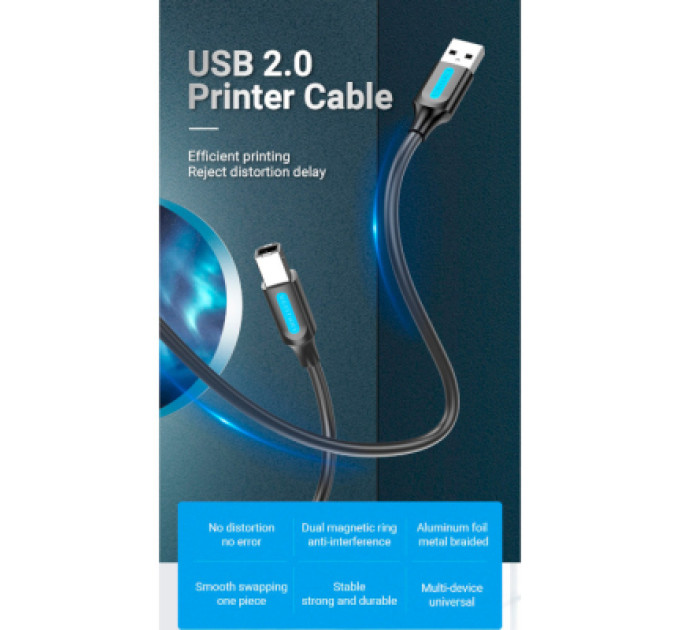 Vention Кабель для принтера USB 2.0 AM/BM 3.0m 480Mbps PVC black Vention (COQBI)