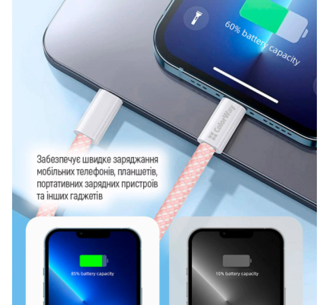 ColorWay Дата кабель USB-C to Lightning 1.0m 27W pink ColorWay (CW-CBPDCL061-P)