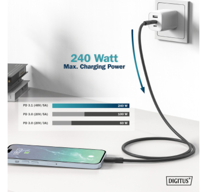 Digitus Дата кабель USB-C to USB-C 2.0m USB 4.0 Gen2 20G 240W 8K silicone black Digitus (AK-300344-020-S)