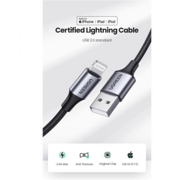 Ugreen Дата кабель USB 2.0 AM to Lightning 2.0m US199 2.4A Black Ugreen (60158)