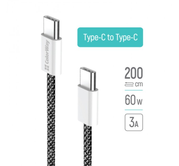 ColorWay Дата кабель USB-C to USB-C 2.0m (braided cotton) (PD Fast Charging 60W) 3.0А black ColorWay (CW-CBPDCC068-BK)