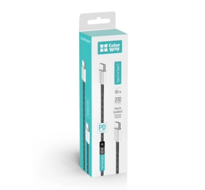 ColorWay Дата кабель USB-C to USB-C 2.0m (braided cotton) (PD Fast Charging 60W) 3.0А black ColorWay (CW-CBPDCC068-BK)