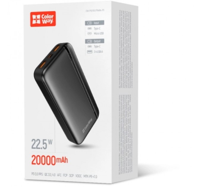 ColorWay Батарея універсальна ColorWay 20 000 mAh Portable Charger (USB/QC3.0 + USB-C/PD/22.5W) Black (CW-PB200LPB4BK-PD)