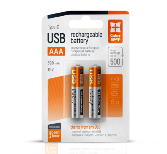 ColorWay Акумулятор ColorWay AAА USB-С 590 mAh 1.5V (2шт) (Li-Polymer) (CW-UBAAA-09)