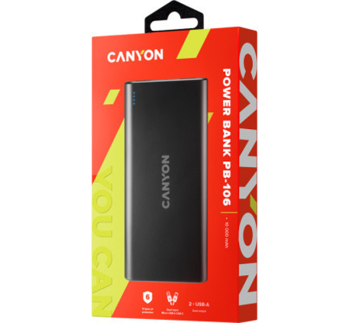 Canyon Батарея універсальна Canyon PB-106 10000mAh Input 5V/2A, Output 5V/2.1A(Max) (CNE-CPB1006B)