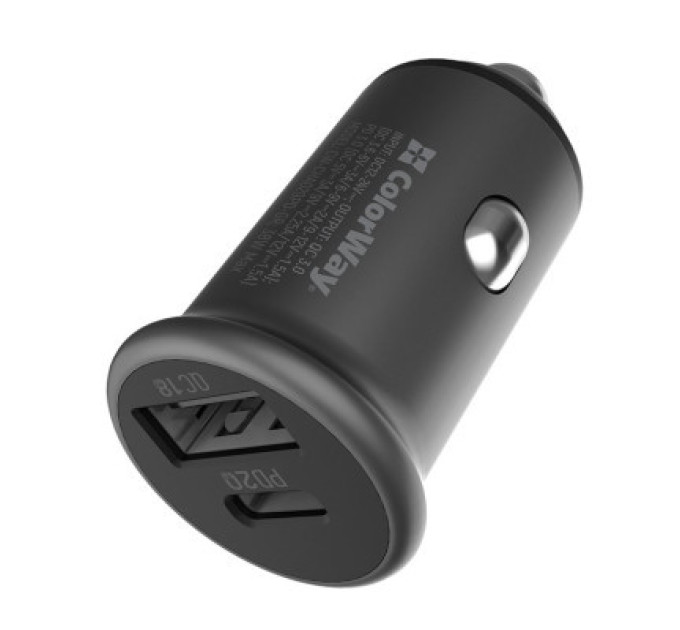 ColorWay Зарядний пристрій ColorWay 2USB Car (Type-C PD20W + USB QC3.0 ) (38W) Gray (CW-CHA029PD-GR)