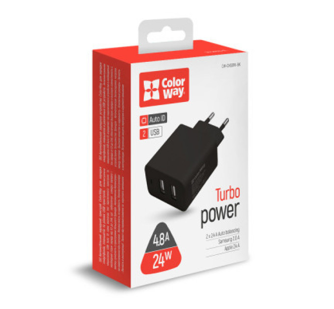 ColorWay Зарядний пристрій ColorWay 2USB AUTO_ID 4.8A (24W) black (CW-CHS016-BK)