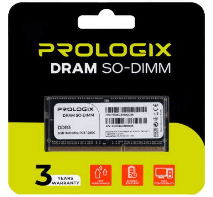 Prologix Модуль пам'яті для ноутбука SoDIMM DDR3 8GB 1600 MHz Prologix (PRO8GB1600D3S)