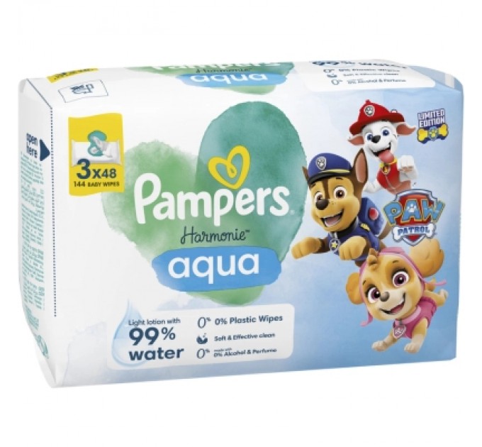 Pampers Дитячі вологі серветки Pampers Harmonie Aqua Щенячий Патруль 48 шт х 3 пачки (144 шт) (8700216722476)