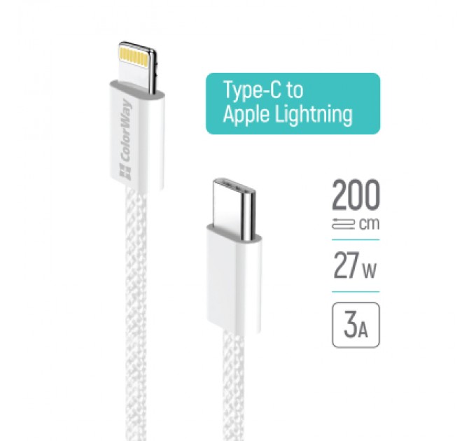 ColorWay Дата кабель USB-C to Lightning 2.0m PD 27W braided gray ColorWay (CW-CBPDCL068-GR)