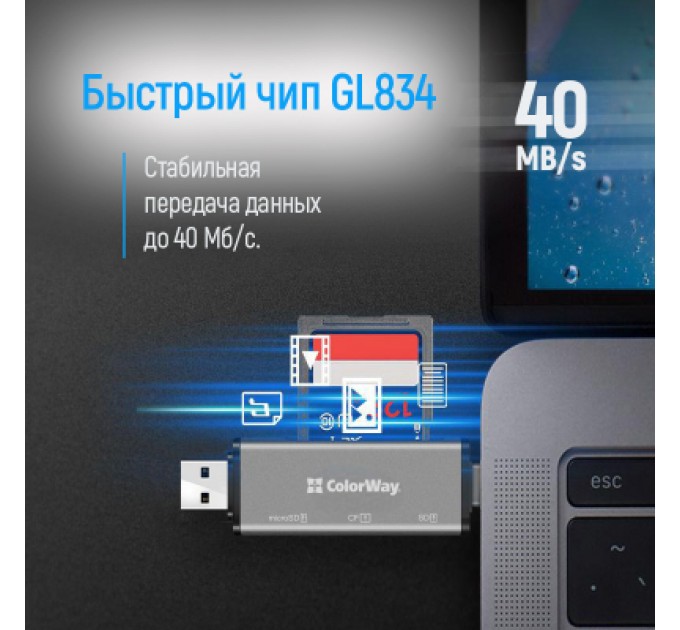 ColorWay Зчитувач флеш-карт ColorWay USB 2.0/USB-C to CF/SD/MicroSD (CW-CR-01)