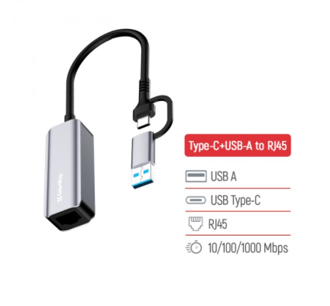 ColorWay Адаптер USB-C + USB A to RJ45 Ethernet 1000Mbps ColorWay (CW-AD-CRG)