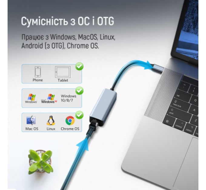 ColorWay Адаптер USB-C + USB A to RJ45 Ethernet 1000Mbps ColorWay (CW-AD-CRG)