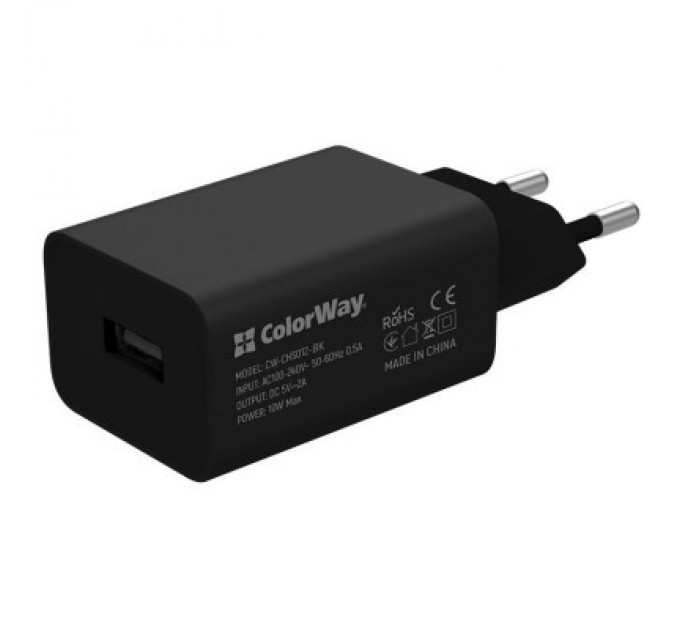 ColorWay Зарядний пристрій ColorWay 1USB AUTO ID 2A (10W) black + cable Type C (CW-CHS012CC-BK)