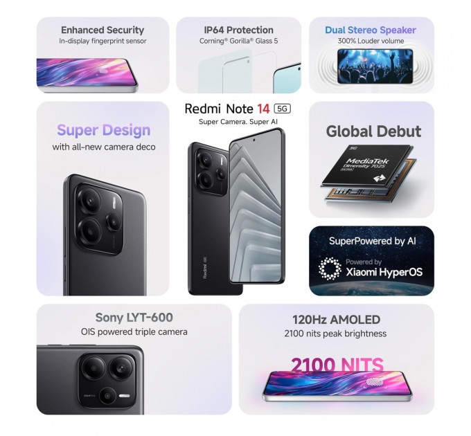 Xiaomi Смартфон Xiaomi Redmi Note 14 5G 6/128GB Midnight Black; 6.67" (2400х1080) AMOLED / MediaTek Dimensity 7025 Ultra / ОЗУ 6 ГБ / 128 ГБ встроенной + microSD до 1 ТБ / камера 108+8+2 Мп + 20 Мп / 5G / Bluetooth, Wi-Fi, NFC / GPS, Galileo, Glonass