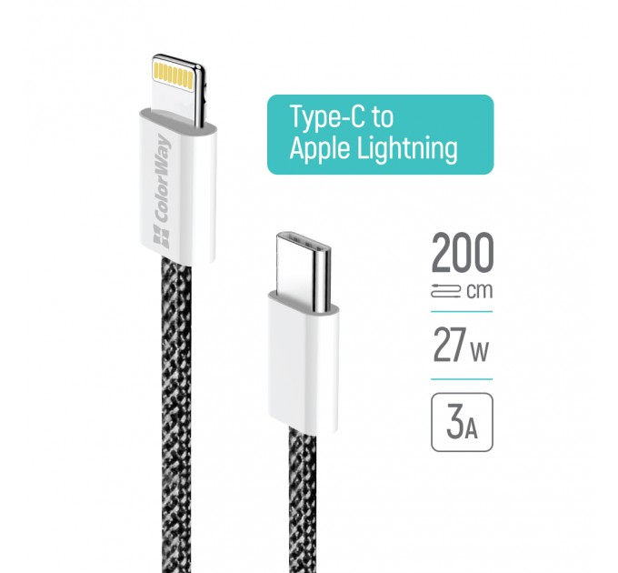 ColorWay Кабель ColorWay USB Type-C - Lightning (M/M), (braided cotton) (PD Fast Charging 27W), 2 м, Black (CW-CBPDCL068-BK)