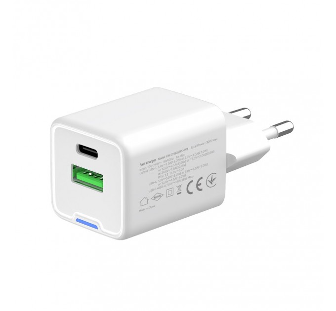 ColorWay Мережевий зарядний пристрій ColorWay GaN Mini 30W PD Port PPS USB (Type-C PD + USB QC4.0) White (CW-CHS053PD-WT)