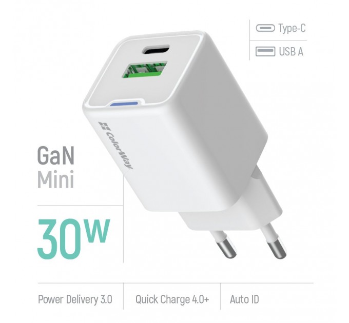 ColorWay Мережевий зарядний пристрій ColorWay GaN Mini 30W PD Port PPS USB (Type-C PD + USB QC4.0) White (CW-CHS053PD-WT)