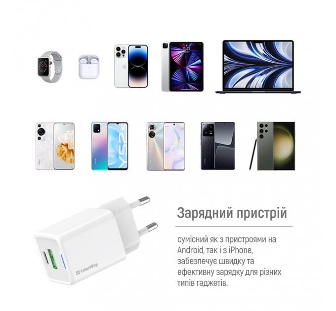ColorWay Мережевий зарядний пристрій ColorWay GaN Mini 30W PD Port PPS USB (Type-C PD + USB QC4.0) White (CW-CHS053PD-WT)