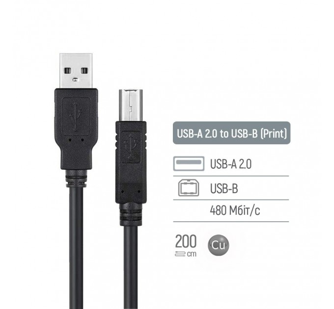 ColorWay Кабель ColorWay USB - USB Type-B V 2.0 (M/M), 2 м, Black (CW-CBUB072-BK)