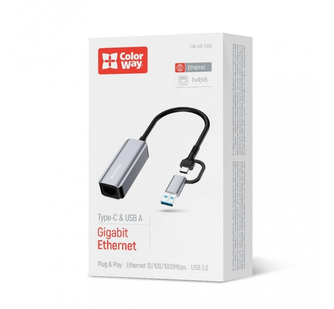 ColorWay Мережевий адаптер ColorWay USB-A/USB-С 3.0 - RJ45 (CW-AD-CRG)