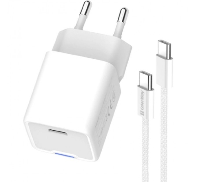 ColorWay Зарядний пристрій ColorWay GaN Mini 30W PD Port PPS USB-C white + cable Type-C (CW-CHS054PDC-WT)