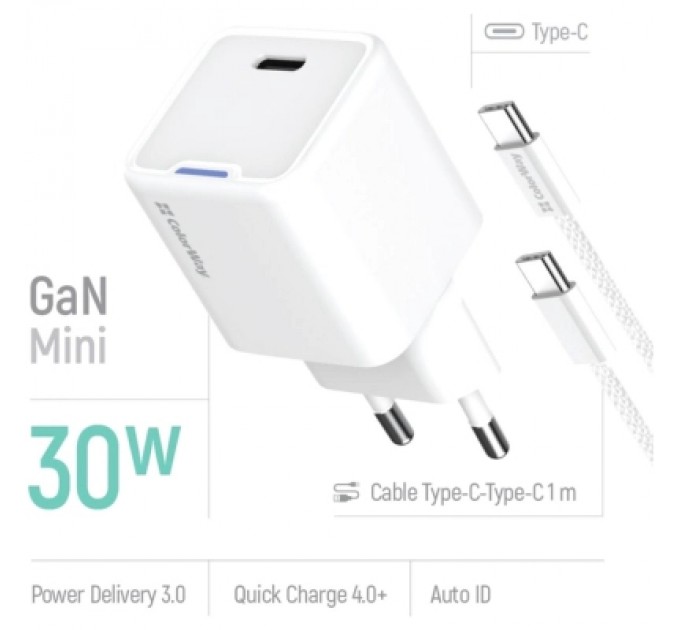 ColorWay Зарядний пристрій ColorWay GaN Mini 30W PD Port PPS USB-C white + cable Type-C (CW-CHS054PDC-WT)