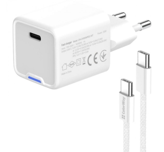 ColorWay Зарядний пристрій ColorWay GaN Mini 30W PD Port PPS USB-C white + cable Type-C (CW-CHS054PDC-WT)