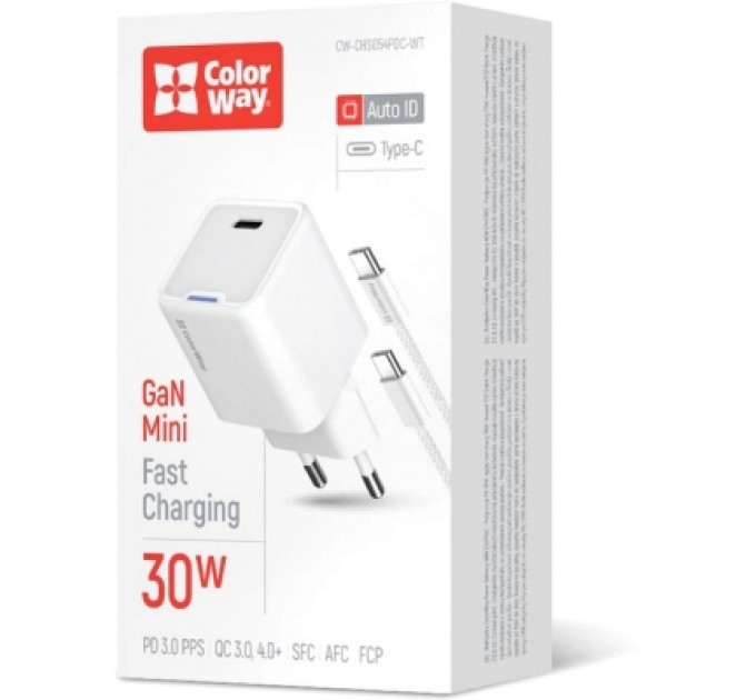 ColorWay Зарядний пристрій ColorWay GaN Mini 30W PD Port PPS USB-C white + cable Type-C (CW-CHS054PDC-WT)