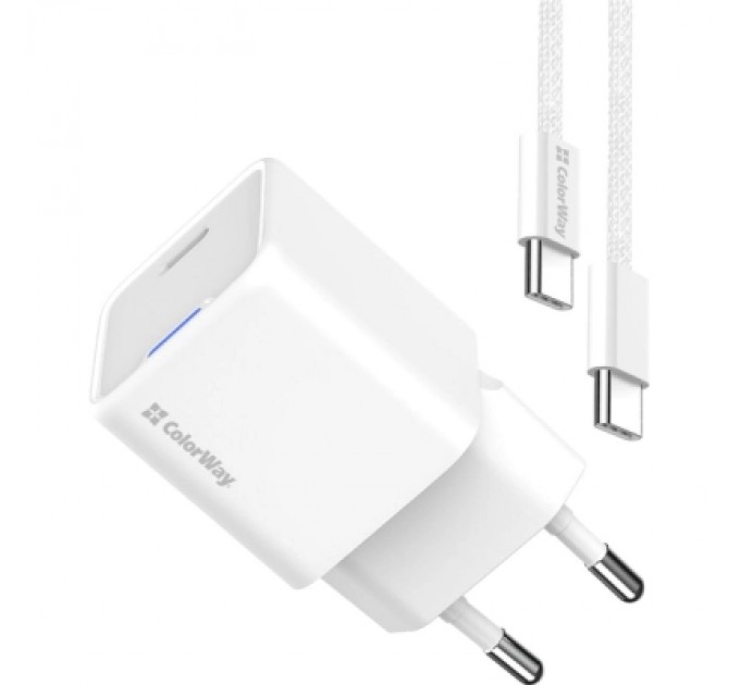 ColorWay Зарядний пристрій ColorWay GaN Mini 30W PD Port PPS USB-C white + cable Type-C (CW-CHS054PDC-WT)